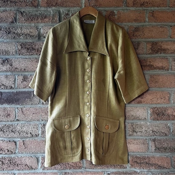 marilyn brooks Jackets & Blazers - MARILYN BROOKS | Green taupe pointed collar button up short sleeve linen blazer